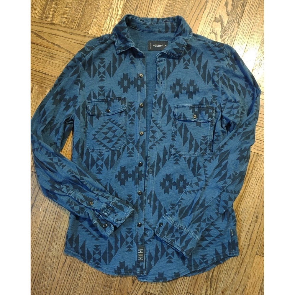 Lucky Brand Mens M Blue Geometric Southwestern Button Down Unisex Boyfriend Fit